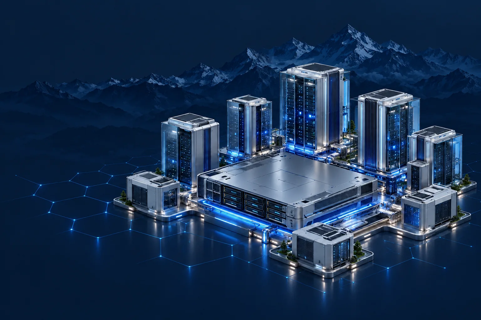 Isometric hosting infrastructure with Himalayan mountains at night