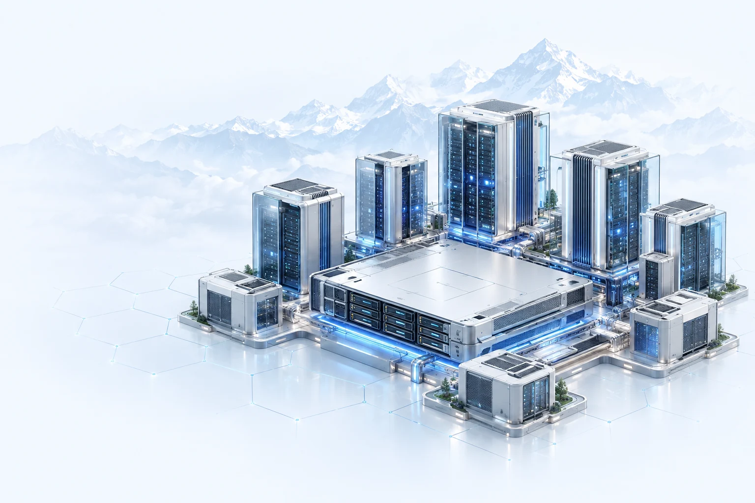 Isometric blue glass and aluminum server infrastructure with Himalayan mountains in the background